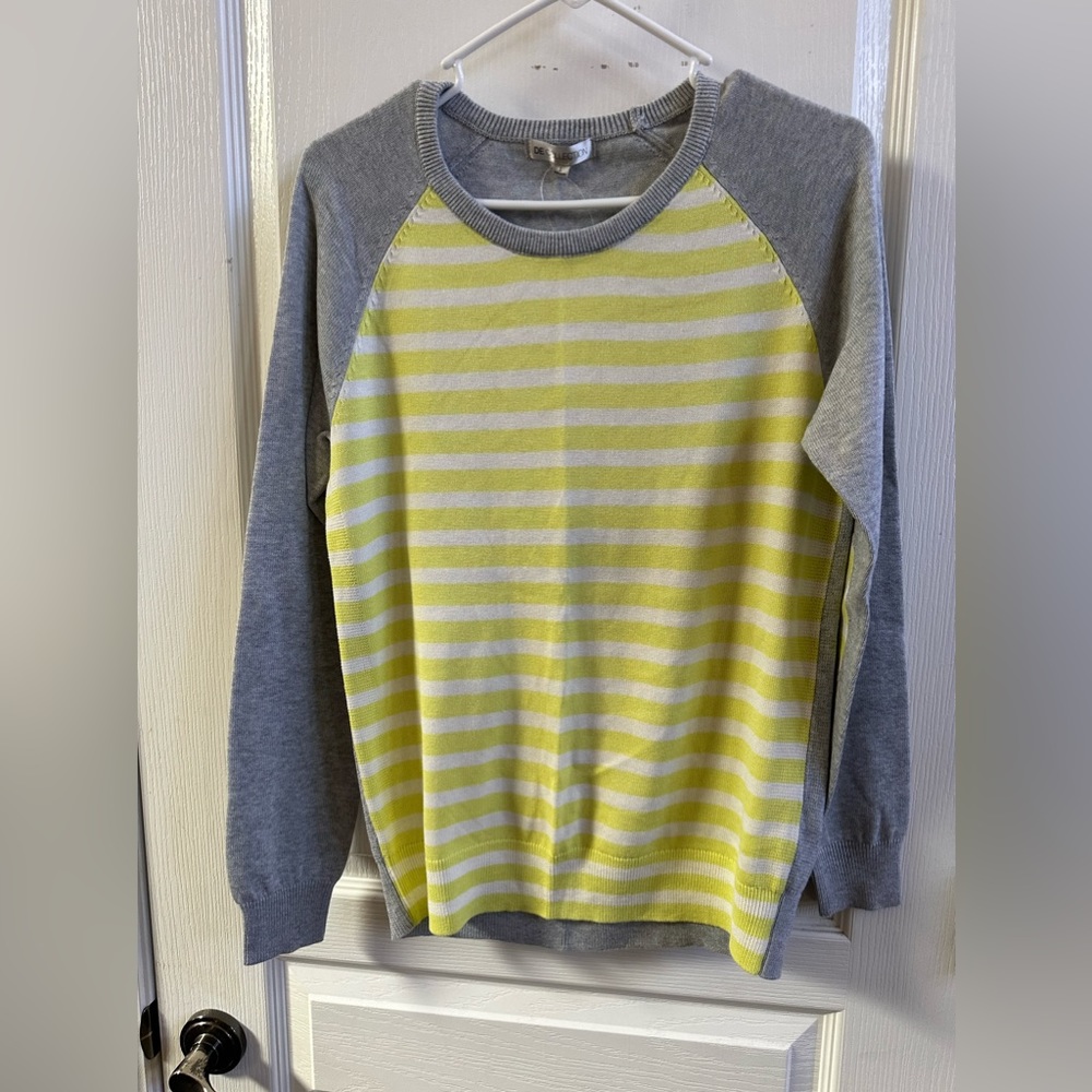 Sweater size L light weight grey with yellow and white stripes.